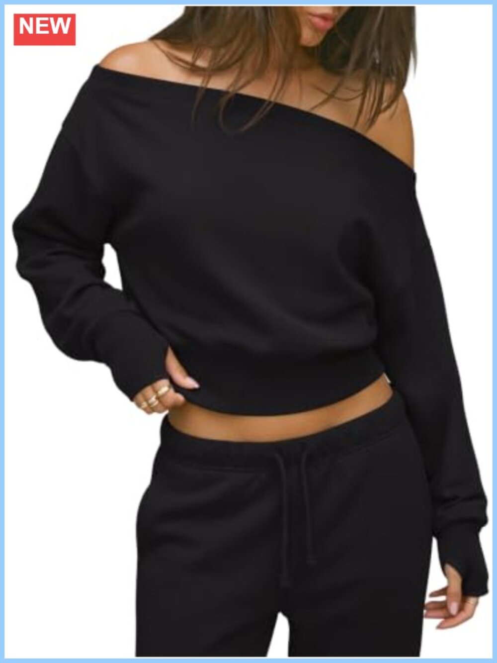 100% Cotton Off the Shoulder Cropped Sweatshirt with Thumb Holes